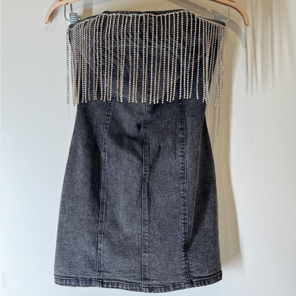 Black Denim Strapless Dress with Fringe - Picture 3 of 5